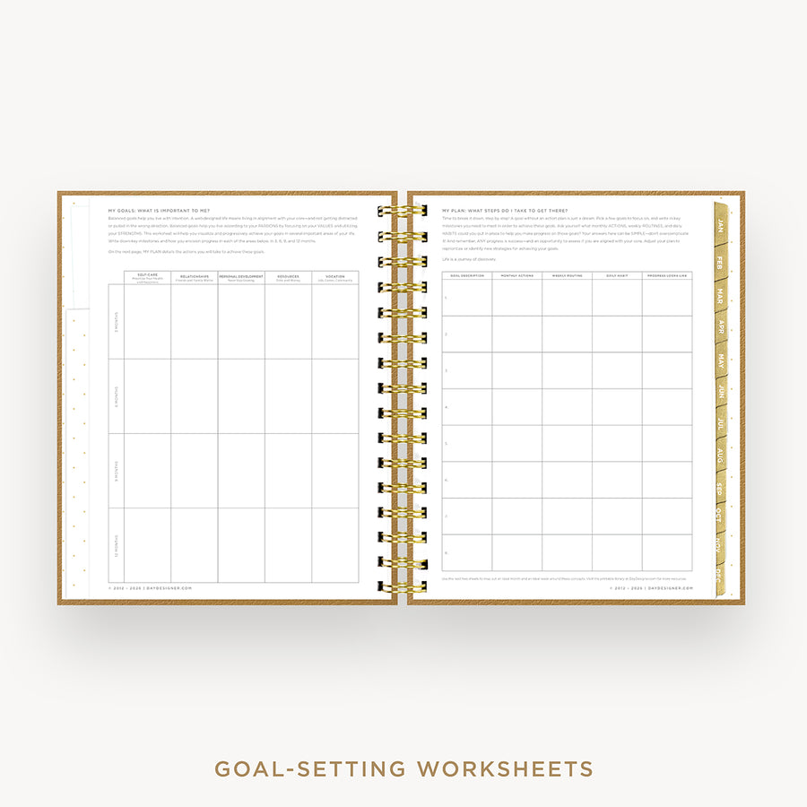 An open spiral-bound planner or notebook showing two pages of goal-setting worksheets, with a gold wire binding and gold border lines, on a light gray background. Text below reads 'GOAL-SETTING WORKSHEETS'.