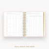 An open spiral-bound planner or notebook showing two interior page spreads labeled for monthly and weekly organization, with a pink border, gold ring binder, and gold polka-dot accents on a light gray background. Text below reads 'IDEAL MONTH AND WEEK'.