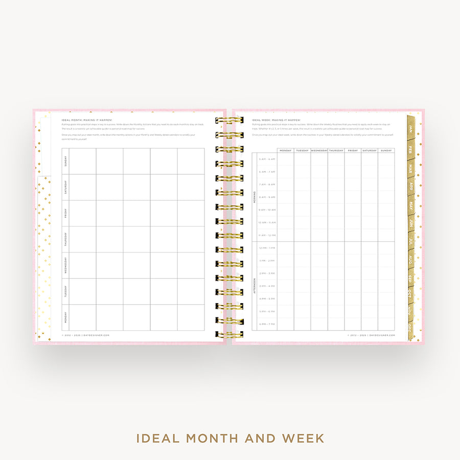 An open spiral-bound planner or notebook showing two interior page spreads labeled for monthly and weekly organization, with a pink border, gold ring binder, and gold polka-dot accents on a light gray background. Text below reads 'IDEAL MONTH AND WEEK'.