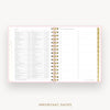 An open spiral-bound planner or agenda showing a detailed calendar-style schedule page with columns and checkboxes, framed by a light pink border and gold rings, on a light gray background with the text 'IMPORTANT DATES' below.