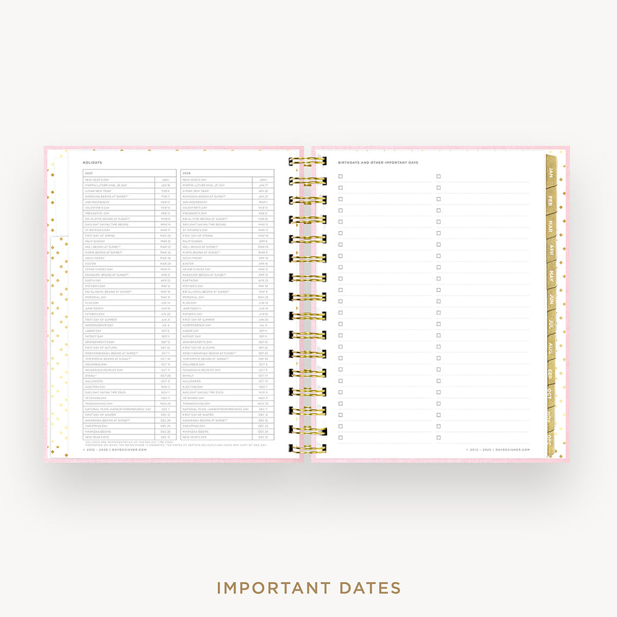 An open spiral-bound planner or agenda showing a detailed calendar-style schedule page with columns and checkboxes, framed by a light pink border and gold rings, on a light gray background with the text 'IMPORTANT DATES' below.