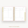 An open spiral-bound planner showing today and to-do pages with a white layout, gold accents, and a light pink border, photographed on a light gray background with the text 'TODAY & TO-DO PAGES' below.
