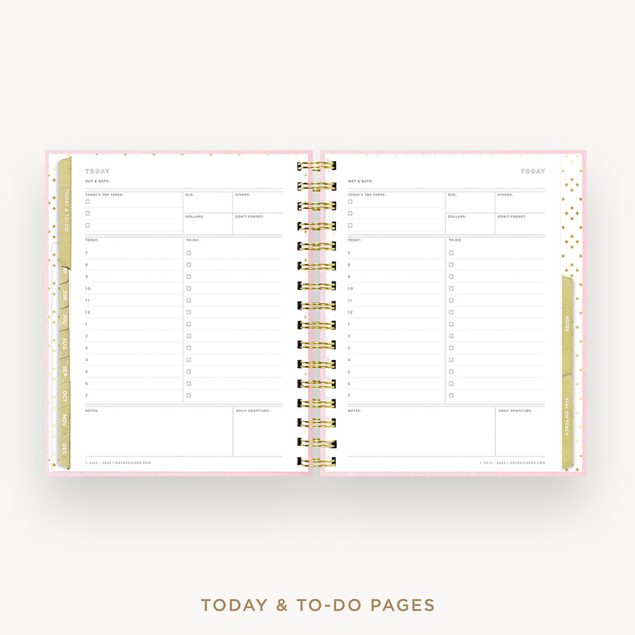 An open spiral-bound planner showing today and to-do pages with a white layout, gold accents, and a light pink border, photographed on a light gray background with the text 'TODAY & TO-DO PAGES' below.