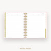 An open spiral-bound planner or notebook showing lined notepad pages, with a pale pink cover, gold polka-dot side tabs, and a central gold spiral binding. The words 'NOTES PAGES' appear below on a light gray background.