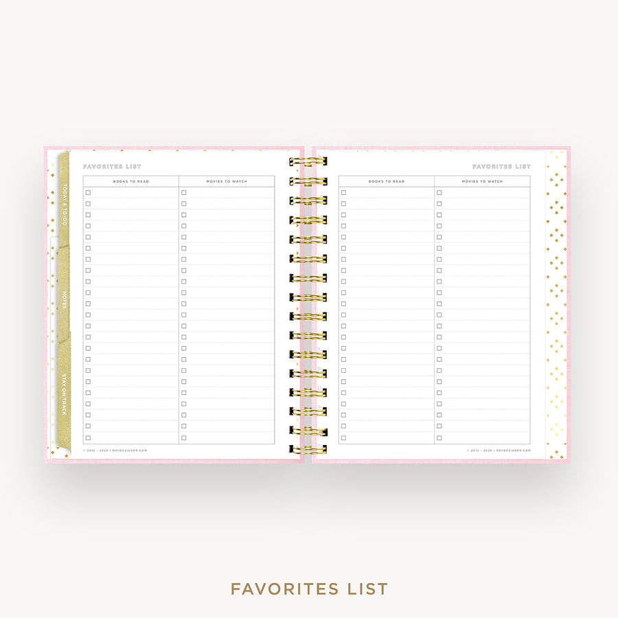 An open planner or notebook showing a favorites list page spread, with lined sections, checkboxes, and a gold spiral binding on a light gray background. The text 'FAVORITES LIST' appears below the product.