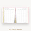 An open spiral-bound planner or notebook showing gift ideas to remember pages, with a pale pink border, gold rings, and a gold vertical accent strip on a light gray background. Text below reads 'GIFT IDEAS TO REMEMBER'.