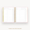 An open spiral-bound thank you note record planner page set, shown on a light gray background with the title 'THANK YOU NOTE RECORD' below. The pages are white with light pink borders, gold polka dots, and gold-and-white rings.