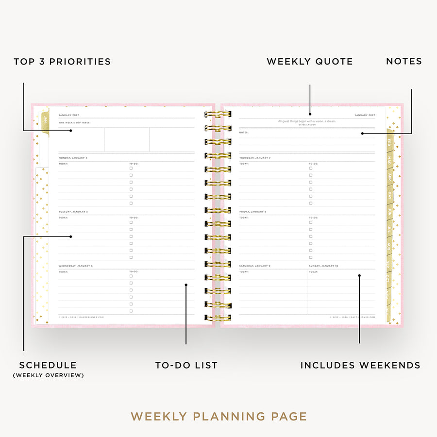 An open spiral-bound weekly planner page shown on a light gray background with callout labels pointing to sections such as top 3 priorities, weekly quote, notes, schedule, to-do list, and includes weekends.