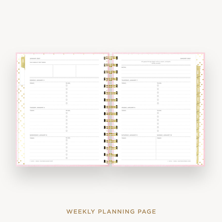 An open spiral-bound weekly planner page with white pages, gold rings, and delicate gold and pink decorative accents, shown on a light gray background with the text 'WEEKLY PLANNING PAGE' below.