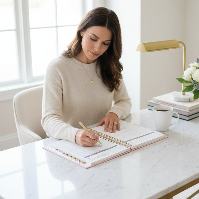 Woman writing in an open tabbed monthly calendar planner shown from the front, with January 2027 visible on the right page and a gold spiral binding down the center. The pages are white with light gray grid headers and subtle gold confetti accents on the left margin, desk and office background