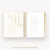 An open pocket planner with gold foil details, stickers, and a ruler, displayed on a clean white background with the text 'POCKET, STICKERS AND RULER' underneath.