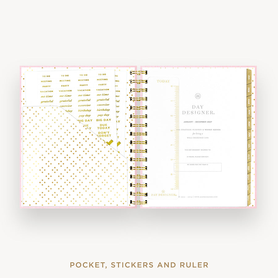 An open pocket planner with gold foil details, stickers, and a ruler, displayed on a clean white background with the text 'POCKET, STICKERS AND RULER' underneath.