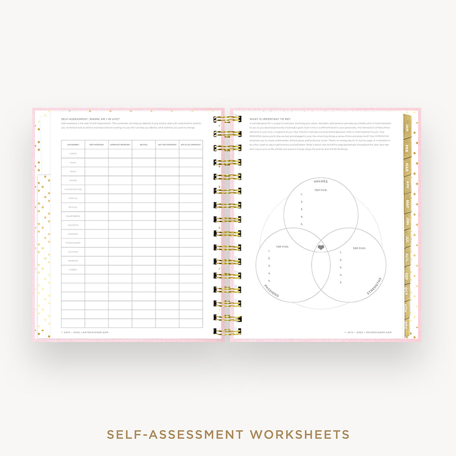 An open spiral-bound workbook showing self-assessment worksheet pages with tables and a Venn diagram, presented on a light neutral background with the text 'SELF-ASSESSMENT WORKSHEETS' below.