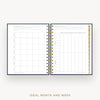 An open spiral-bound planner or calendar showing a monthly and weekly grid layout on the pages, with gold-toned binding and a gold vertical divider, photographed on a light gray background. Text below reads 'IDEAL MONTH AND WEEK'.