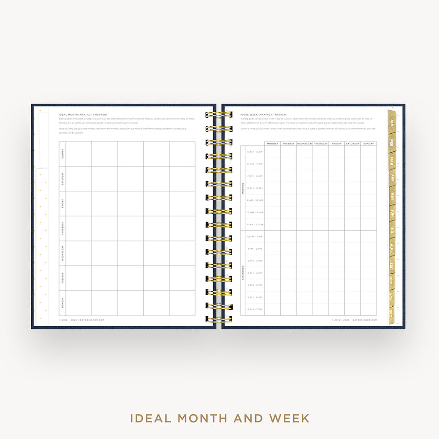 An open spiral-bound planner or calendar showing a monthly and weekly grid layout on the pages, with gold-toned binding and a gold vertical divider, photographed on a light gray background. Text below reads 'IDEAL MONTH AND WEEK'.