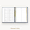 An open spiral-bound planner or agenda showing a detailed monthly calendar page on the left and a lined 'Important Dates' tracker on the right, with a gold-toned spiral binding and a gold vertical tab on the right edge.
