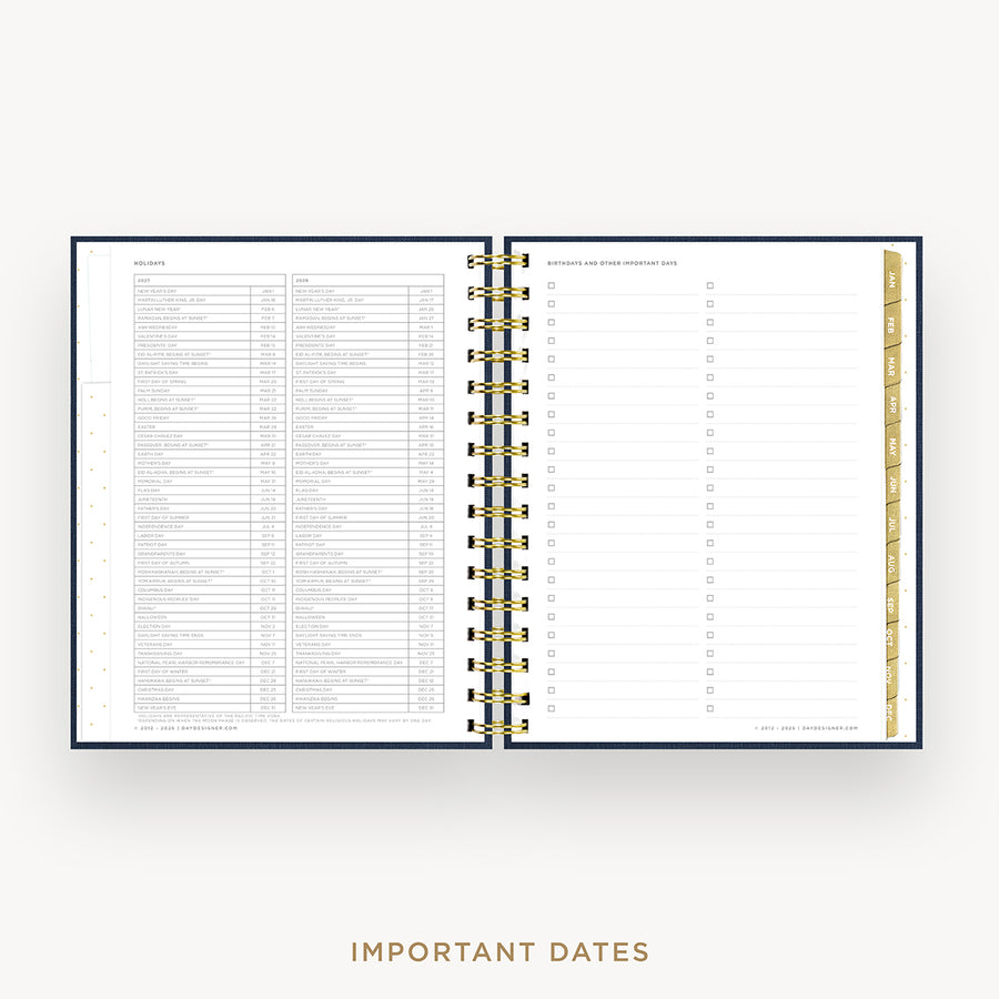 An open spiral-bound planner or agenda showing a detailed monthly calendar page on the left and a lined 'Important Dates' tracker on the right, with a gold-toned spiral binding and a gold vertical tab on the right edge.