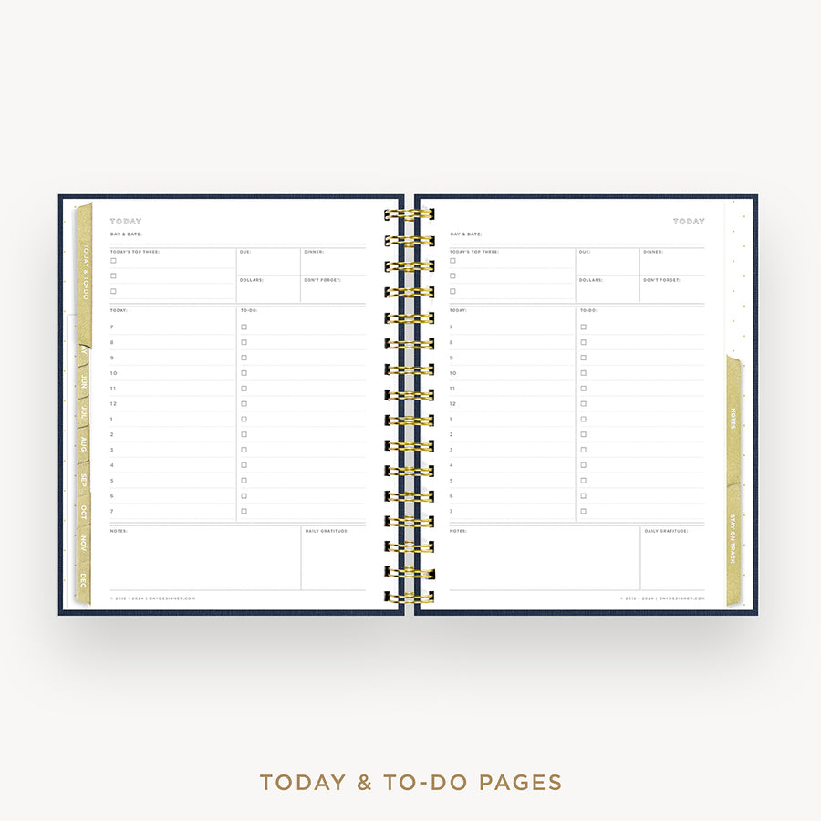 An open spiral-bound planner showing today and to-do pages, photographed on a clean white background with the text 'TODAY & TO-DO PAGES' below.