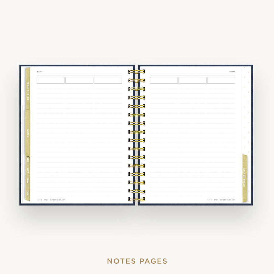 An open spiral-bound planner or notebook showing lined notepad pages, with gold and black spiral binding and small gold tabs, on a light gray background. The text 'NOTES PAGES' appears below.