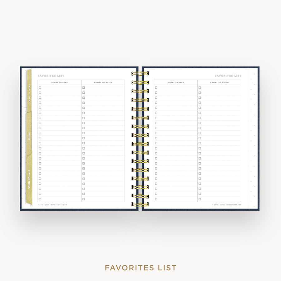 An open spiral-bound planner or notebook showing two lined pages titled 'FAVORITES LIST' with checkboxes, photographed on a light gray background with the text 'FAVORITES LIST' below.
