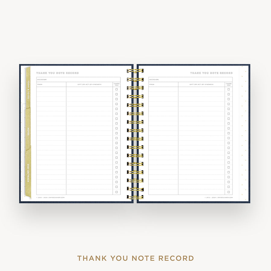 An open spiral-bound thank you note record planner on a light gray background, showing lined pages, checkboxes, and a gold wire coil. The text 'THANK YOU NOTE RECORD' appears below.