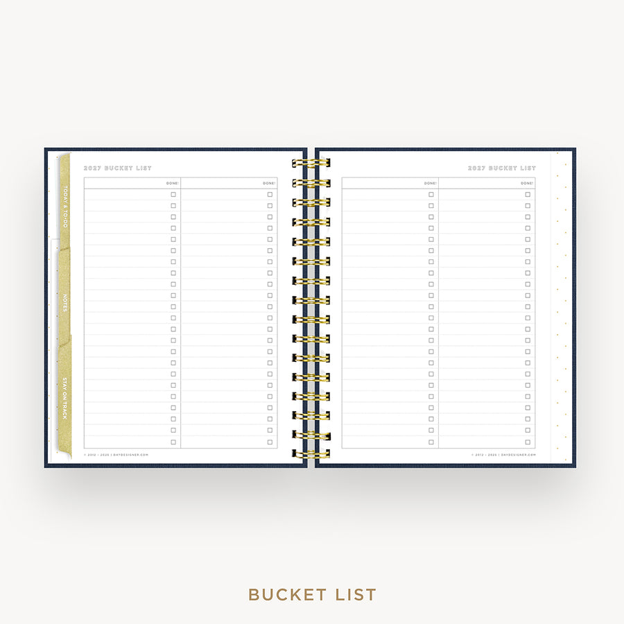 An open spiral-bound bucket list planner or notebook on a light gray background, with lined checklist pages and gold-toned ring binding. The text 'BUCKET LIST' appears below the product.