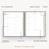An open spiral-bound weekly planner page shown on a light gray background with callout labels pointing to sections such as top 3 priorities, weekly quote, notes, schedule, to-do list, and includes weekends.
