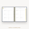 An open spiral-bound weekly planner page set displayed on a light gray background, with the text 'WEEKLY PLANNING PAGE' below.