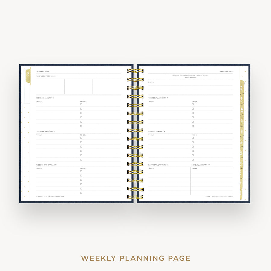An open spiral-bound weekly planner page set displayed on a light gray background, with the text 'WEEKLY PLANNING PAGE' below.