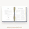 An open spiral-bound booklet or planner showing printed instructions and text pages, with a gold-toned spiral binding and a gold vertical page marker on the right edge. The image is centered on a light gray background with the words 'INTRODUCTION & INSTRUCTIONS' below.