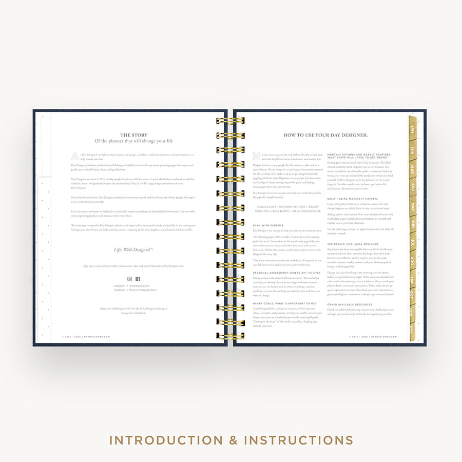 An open spiral-bound booklet or planner showing printed instructions and text pages, with a gold-toned spiral binding and a gold vertical page marker on the right edge. The image is centered on a light gray background with the words 'INTRODUCTION & INSTRUCTIONS' below.