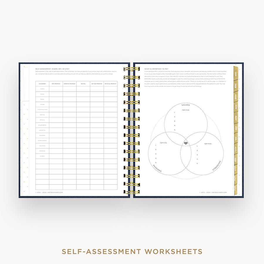 An open spiral-bound workbook showing self-assessment worksheet pages, including a table on the left and a Venn diagram on the right, with gold wire binding and a gold vertical page marker. The text 'SELF-ASSESSMENT WORKSHEETS' appears below on a light gray background.