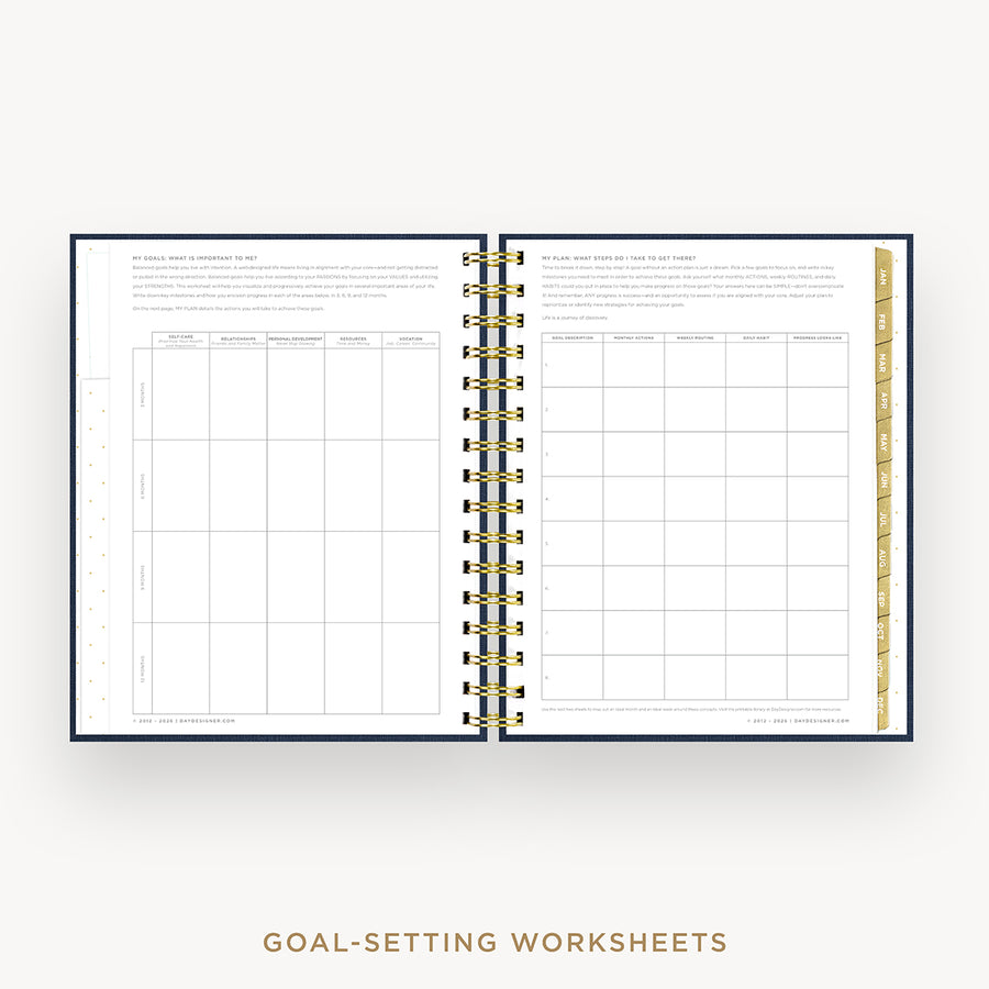 An open spiral-bound planner or notebook showing two pages of goal-setting worksheets with gold rings, on a light gray background with the text 'GOAL-SETTING WORKSHEETS' below.