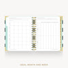 An open spiral-bound planner or agenda showing a monthly calendar grid and a weekly schedule layout on white pages, with gold rings and a light aqua page edge, on a light gray background. Text below reads 'IDEAL MONTH AND WEEK'.