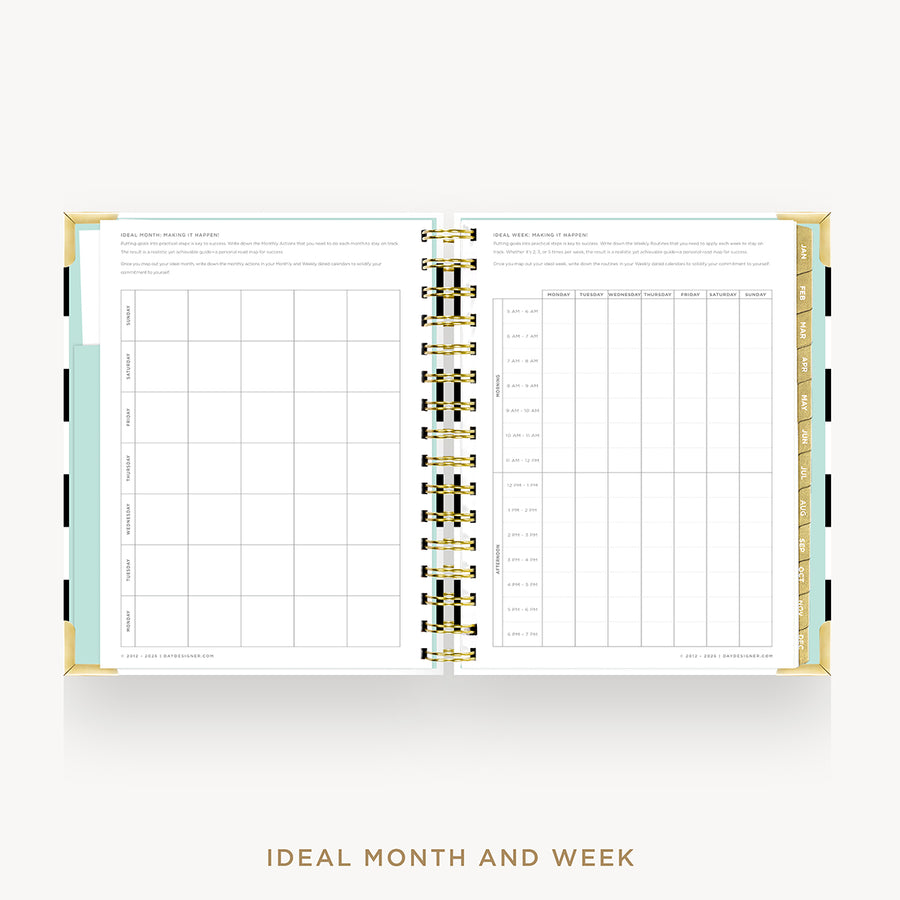 An open spiral-bound planner or agenda showing a monthly calendar grid and a weekly schedule layout on white pages, with gold rings and a light aqua page edge, on a light gray background. Text below reads 'IDEAL MONTH AND WEEK'.