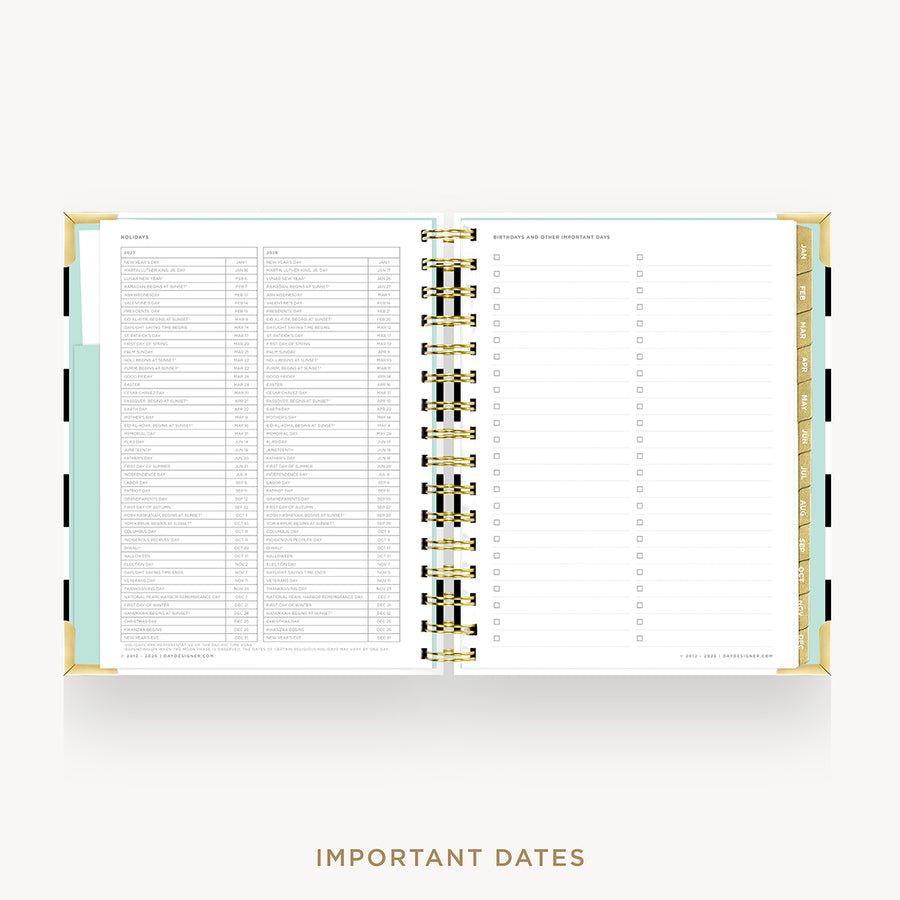 An open spiral-bound planner or agenda showing a detailed monthly calendar page with columns for days of the week and a right-hand date list, styled on a light gray background with the words 'IMPORTANT DATES' below.