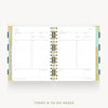An open spiral-bound planner showing today and to-do pages, with a white page layout, gold rings, and pale mint and beige accents on a light gray background.