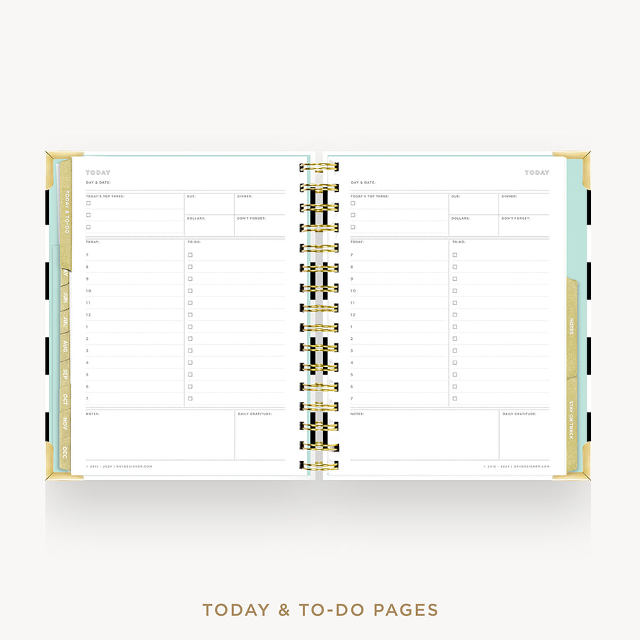 An open spiral-bound planner showing today and to-do pages, with a white page layout, gold rings, and pale mint and beige accents on a light gray background.