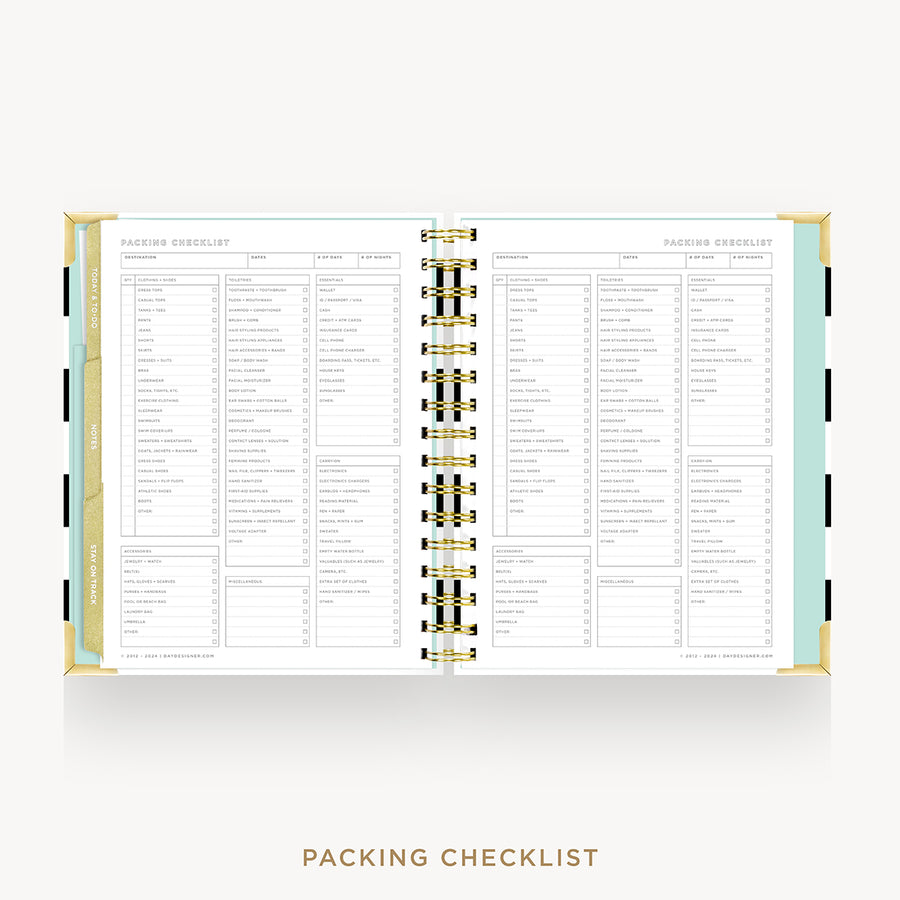 An open spiral-bound planner or notebook showing a packing checklist page spread across both pages, with gold rings and a mint and beige cover design, on a light gray background with the text 'PACKING CHECKLIST' below.