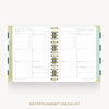 An open spiral-bound planner or checklist book showing the Entertainment Checklist pages, with a gold spiral binding and pastel green page edges, centered on a light gray background with the text 'ENTERTAINMENT CHECKLIST' below.