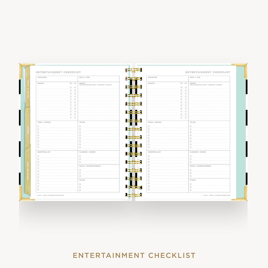 An open spiral-bound planner or checklist book showing the Entertainment Checklist pages, with a gold spiral binding and pastel green page edges, centered on a light gray background with the text 'ENTERTAINMENT CHECKLIST' below.