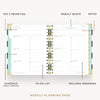 An open weekly planner page with labeled callouts pointing to sections such as top 3 priorities, weekly quote, notes, schedule, to-do list, and includes weekends. The planner has a white page layout with gold ring binding and pale mint side tabs on a light gray background.