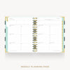 An open spiral-bound planner showing weekly planning pages with white pages, gold rings, and pastel mint and lavender tabs, centered on a light gray background with the text 'WEEKLY PLANNING PAGE' below.