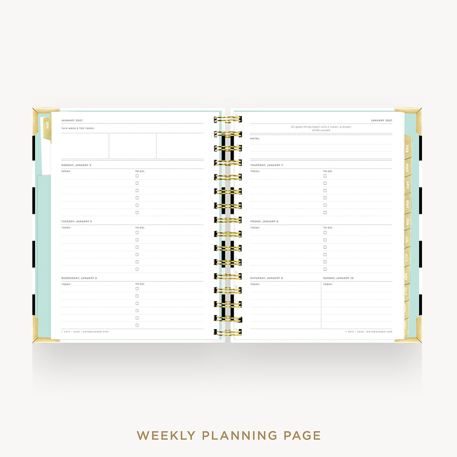 An open spiral-bound planner showing weekly planning pages with white pages, gold rings, and pastel mint and lavender tabs, centered on a light gray background with the text 'WEEKLY PLANNING PAGE' below.