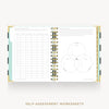 An open spiral-bound workbook showing two printed worksheet pages, including a table on the left and a Venn diagram on the right, with decorative gold rings and a pale mint page edge. The text 'SELF-ASSESSMENT WORKSHEETS' appears below on a light gray background.