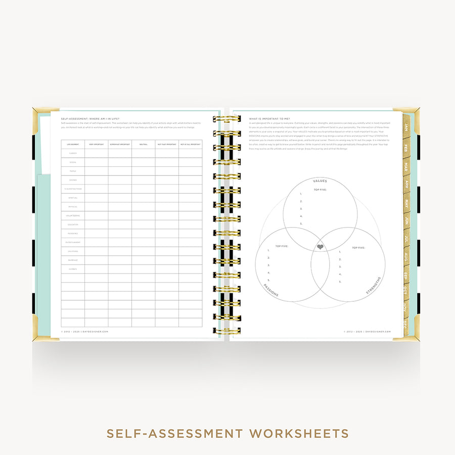 An open spiral-bound workbook showing two printed worksheet pages, including a table on the left and a Venn diagram on the right, with decorative gold rings and a pale mint page edge. The text 'SELF-ASSESSMENT WORKSHEETS' appears below on a light gray background.