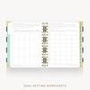 An open spiral-bound planner or notebook showing two white goal-setting worksheet pages with grid tables, gold ring binding, and a light aqua page tab on the left. The text 'GOAL-SETTING WORKSHEETS' appears below on a light gray background.