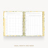 An open spiral-bound planner or agenda with monthly and weekly calendar grids on white pages, shown on a light gray background with the text 'IDEAL MONTH AND WEEK' below.