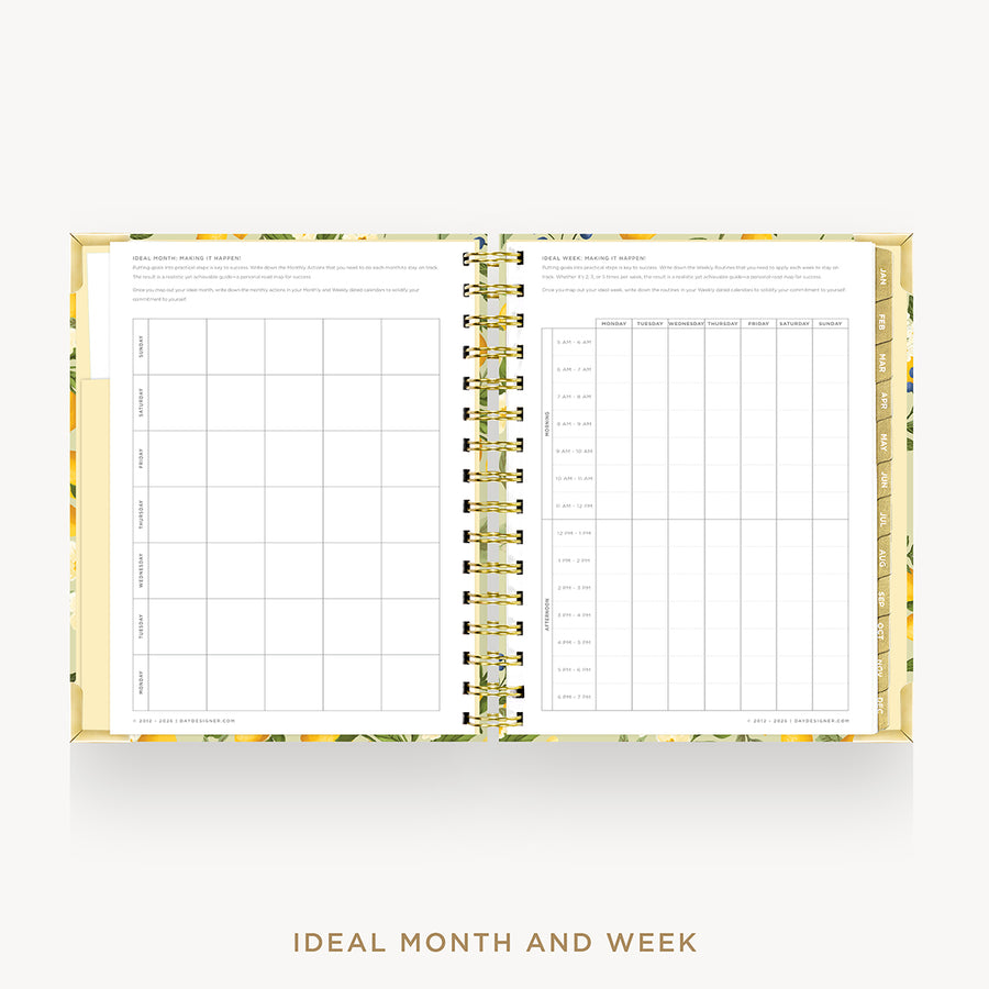An open spiral-bound planner or agenda with monthly and weekly calendar grids on white pages, shown on a light gray background with the text 'IDEAL MONTH AND WEEK' below.
