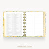 An open spiral-bound planner or agenda with floral-patterned gold and yellow covers, showing printed tables and lined pages on a light gray background. The text 'IMPORTANT DATES' appears below.